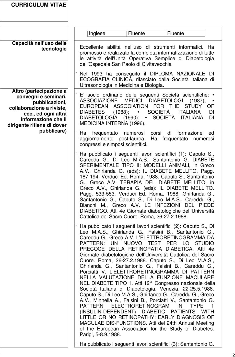 Ha promosso e realizzato la completa informatizzazione di tutte le attività dell'unità Operativa Semplice di Diabetologia dell'ospedale San Paolo di Civitavecchia - Nel 1993 ha conseguito il DIPLOMA