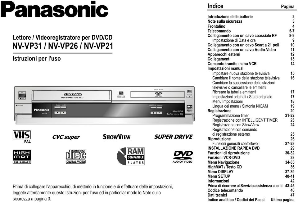 apparecchio, di metterlo in funzione e di effettuare delle impostazioni, leggete attentamente queste Istruzioni per l uso ed in particolar modo le Note sulla sicurezza a pagina 3.