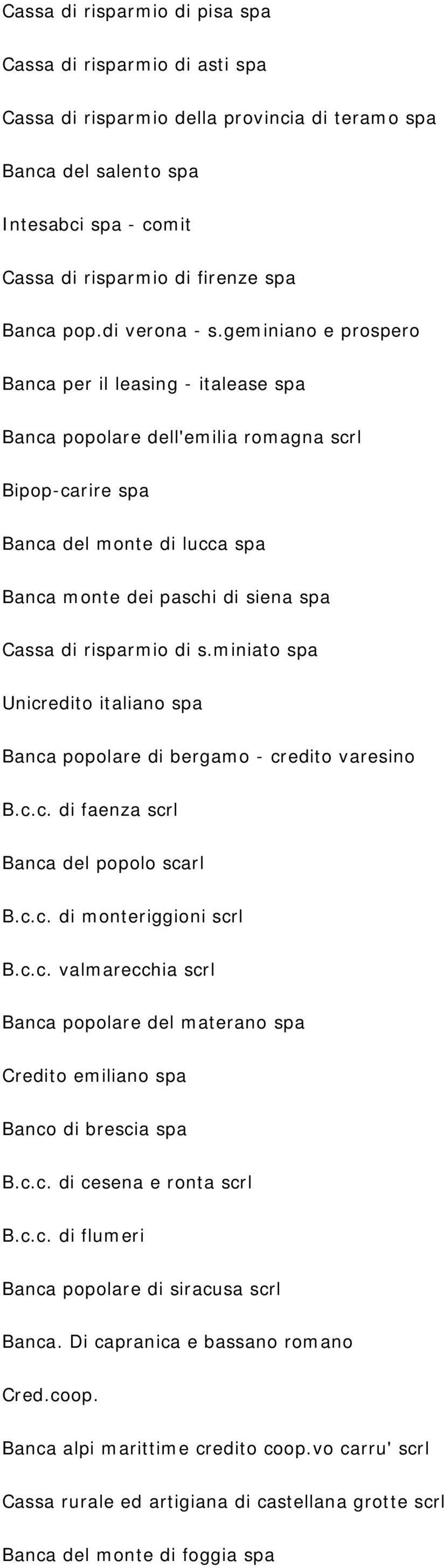 geminiano e prospero Banca per il leasing - italease spa Banca popolare dell'emilia romagna scrl Bipop-carire spa Banca del monte di lucca spa Banca monte dei paschi di siena spa Cassa di risparmio