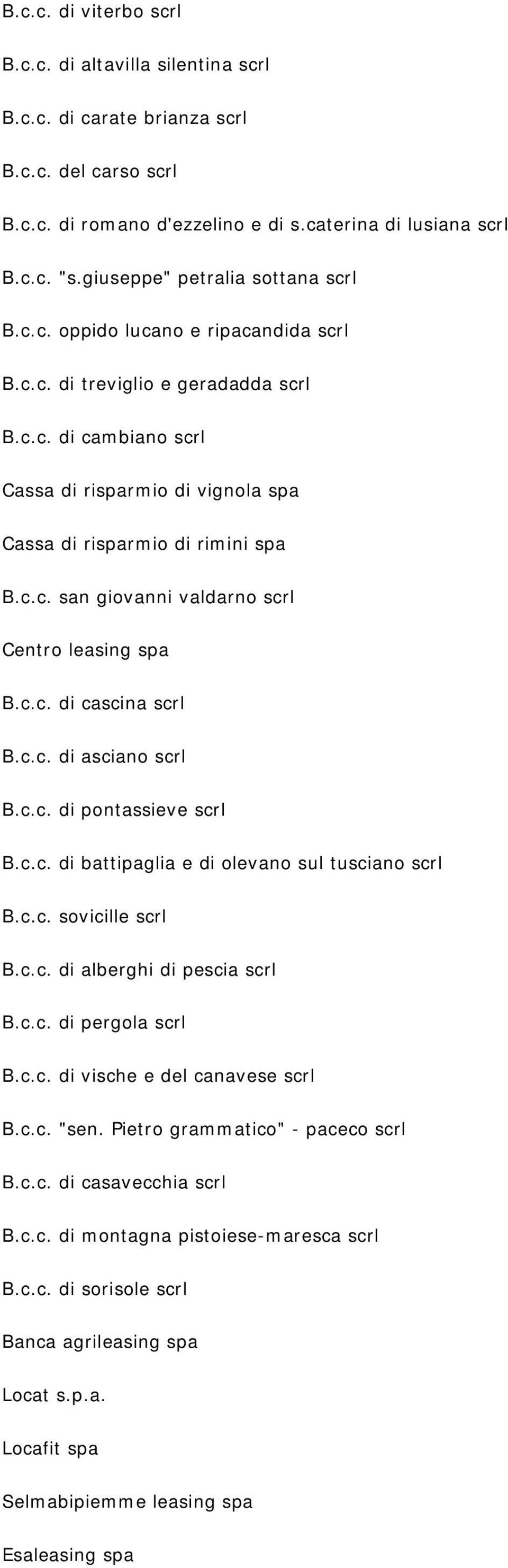 c.c. san giovanni valdarno scrl Centro leasing spa B.c.c. di cascina scrl B.c.c. di asciano scrl B.c.c. di pontassieve scrl B.c.c. di battipaglia e di olevano sul tusciano scrl B.c.c. sovicille scrl B.