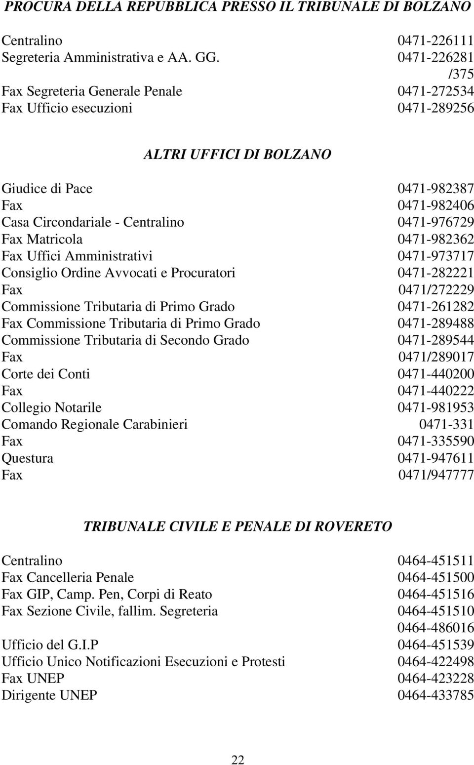 0471-976729 Fax Matricola 0471-982362 Fax Uffici A m m inistrativi 0471-973717 Consiglio O rdine A vvocati e Procuratori 0471-282221 Fax 0471/272229 Com m issione Tributaria di Prim o G rado