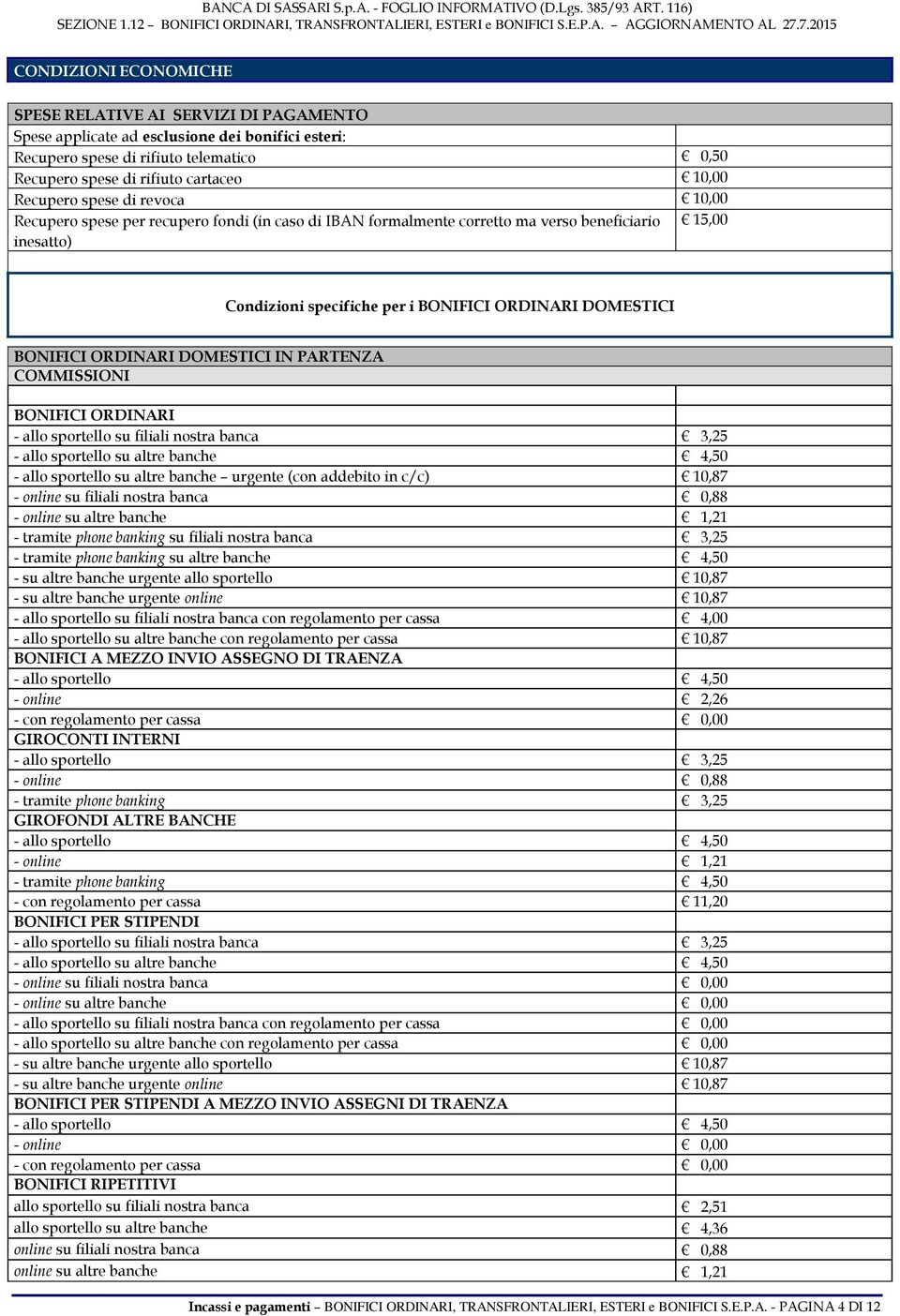 BONIFICI ORDINARI DOMESTICI IN PARTENZA BONIFICI ORDINARI - allo sportello su filiali nostra banca 3,25 - allo sportello su altre banche 4,50 - allo sportello su altre banche urgente (con addebito in