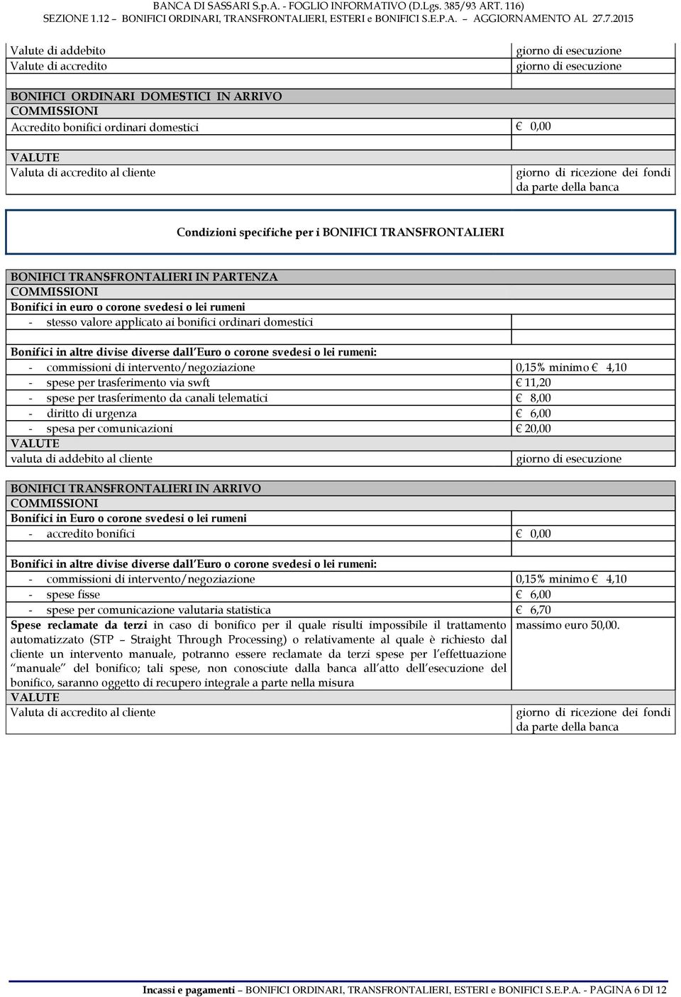 bonifici ordinari domestici Bonifici in altre divise diverse dall Euro o corone svedesi o lei rumeni: - commissioni di intervento/negoziazione 0,15% minimo 4,10 - spese per trasferimento via swft