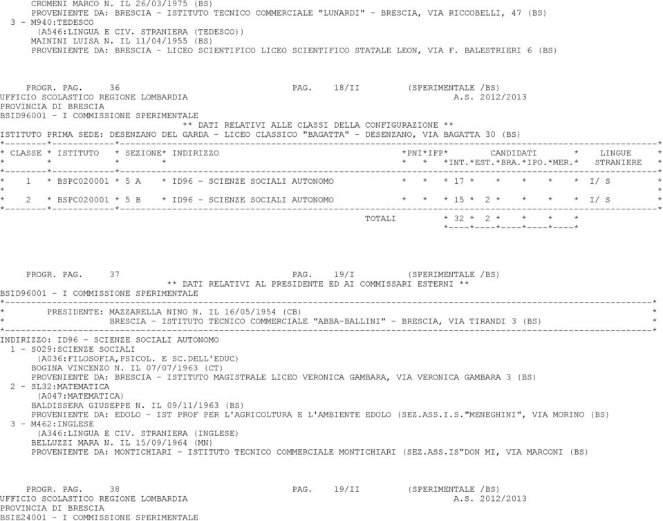 18/II (SPERIMENTALE /BS) BSID96001 - I COMMISSIONE SPERIMENTALE ISTITUTO PRIMA SEDE: DESENZANO DEL GARDA - LICEO CLASSICO "BAGATTA" - DESENZANO, VIA BAGATTA 30 (BS) * 1 * BSPC020001 * 5 A * ID96 -