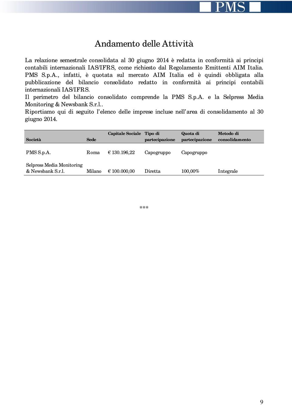 Il perimetro del bilancio consolidato comprende la PMS S.p.A. e la Selpress Media Monitoring & Newsbank S.r.l.. Riportiamo qui di seguito l elenco delle imprese incluse nell area di consolidamento al 30 giugno 2014.