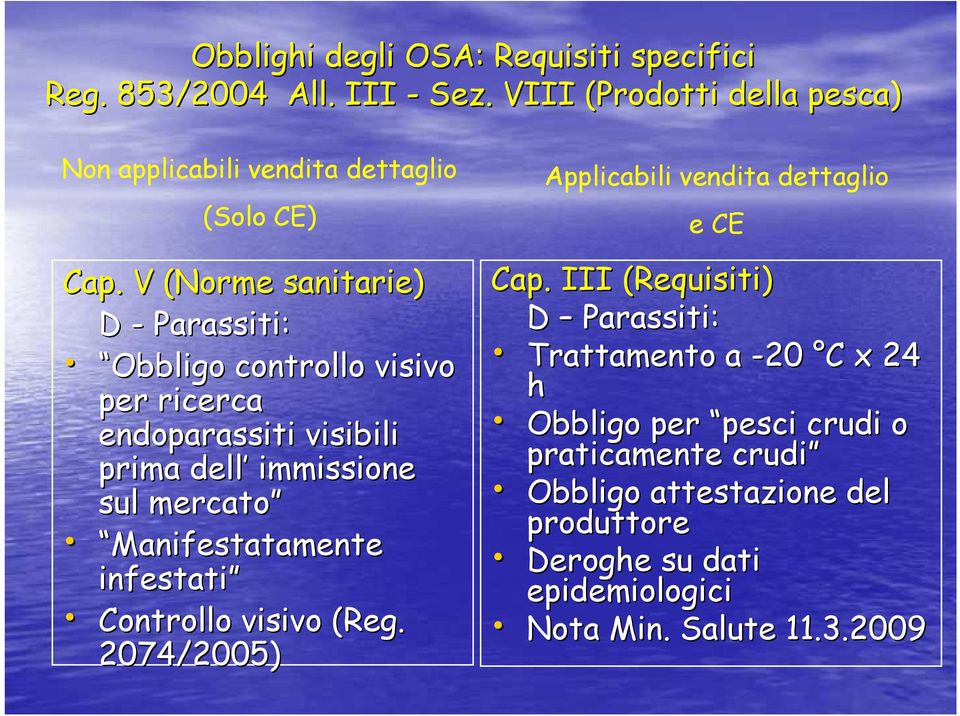 V (Norme sanitarie) D - Parassiti: Obbligo controllo visivo per ricerca endoparassiti visibili prima dell immissione sul mercato