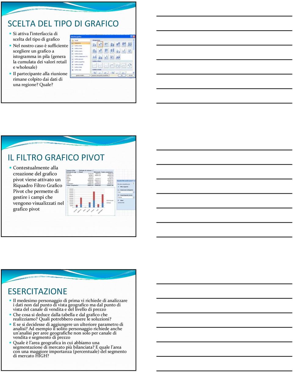 IL FILTRO GRAFICO PIVOT Contestualmente alla creazione del grafico pivot viene attivato un Riquadro Filtro Grafico Pivot che permette di gestire i campi che vengono visualizzati nel grafico pivot