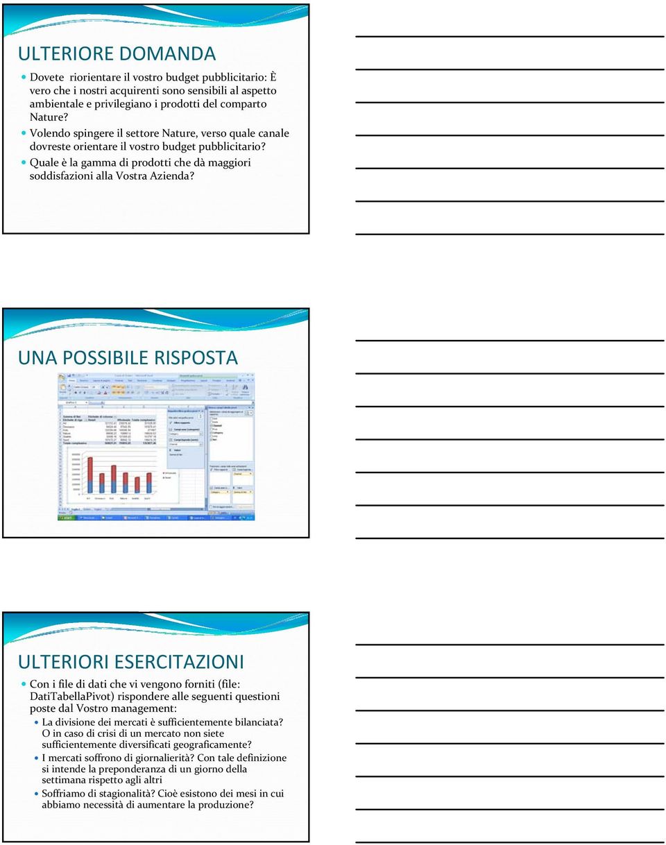 UNA POSSIBILE RISPOSTA ULTERIORI ESERCITAZIONI Con i file di dati che vi vengono forniti (file: DatiTabellaPivot) rispondere alle seguenti questioni poste dal Vostro management: La divisione dei