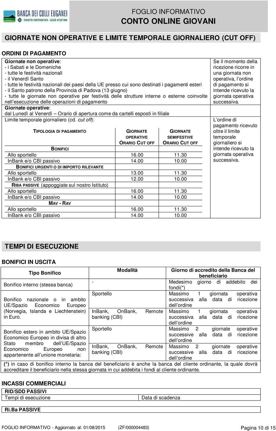 strutture interne o esterne coinvolte nell esecuzione delle operazioni di pagamento Giornate operative: dal Lunedì al Venerdì Orario di apertura come da cartelli esposti in filiale Limite temporale