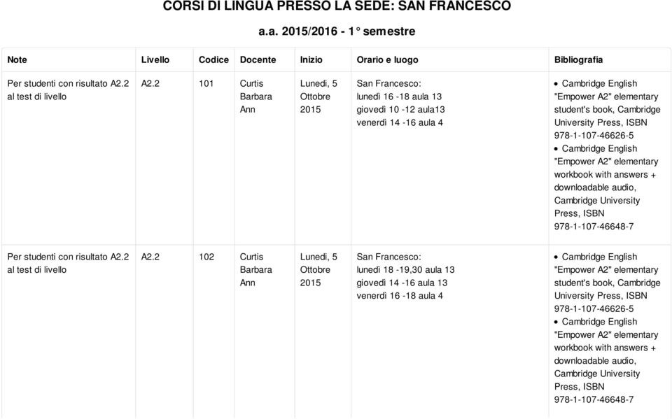 2 101 Curtis Barbara Ann lunedì 16-18 aula 13 giovedì 10-12 aula13 venerdì 14-16 aula 4 student's book, Cambridge University 978-1-107-46626-5 workbook with