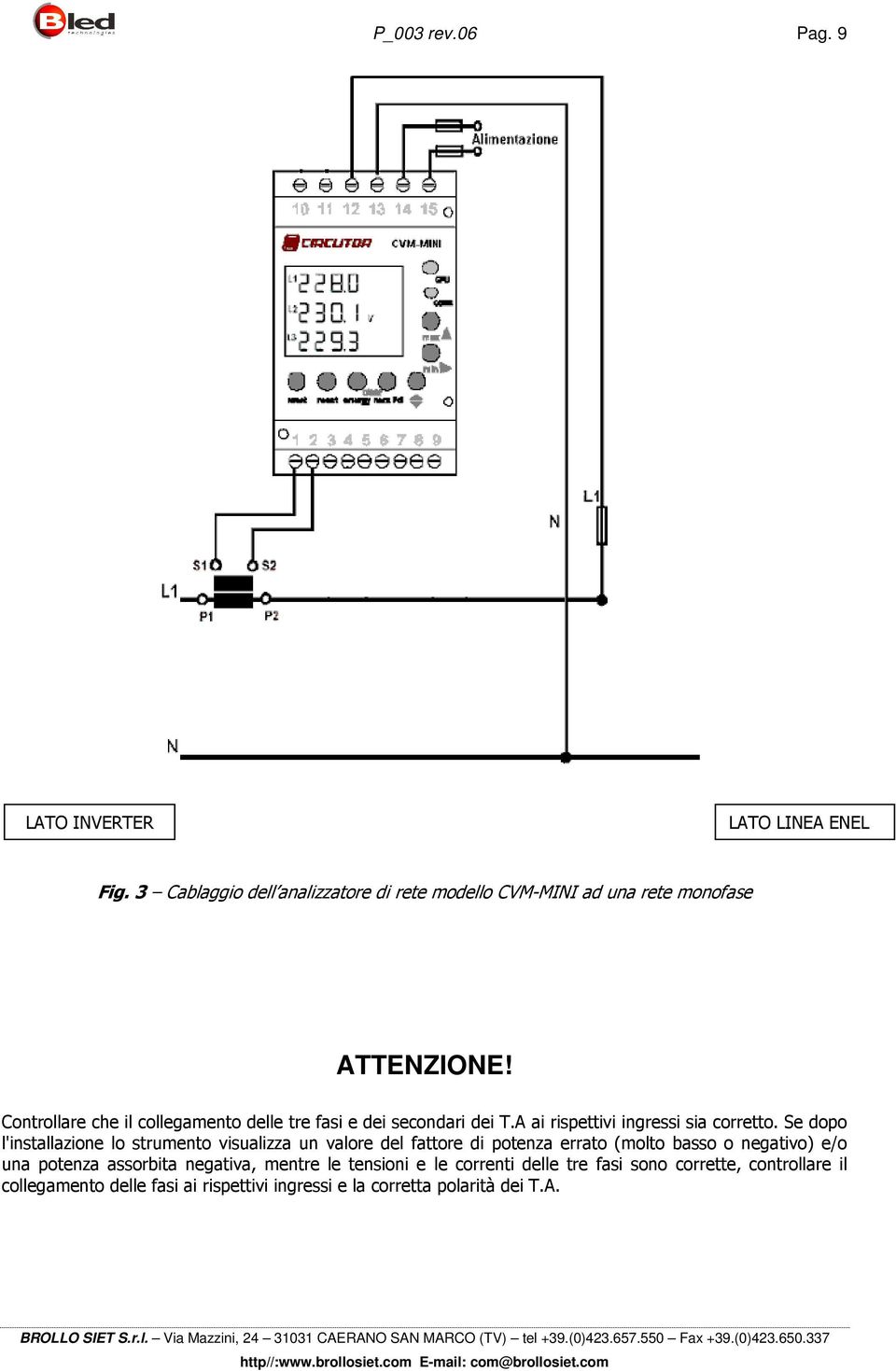 Controllare che il collegamento delle tre fasi e dei secondari dei T.A ai rispettivi ingressi sia corretto.