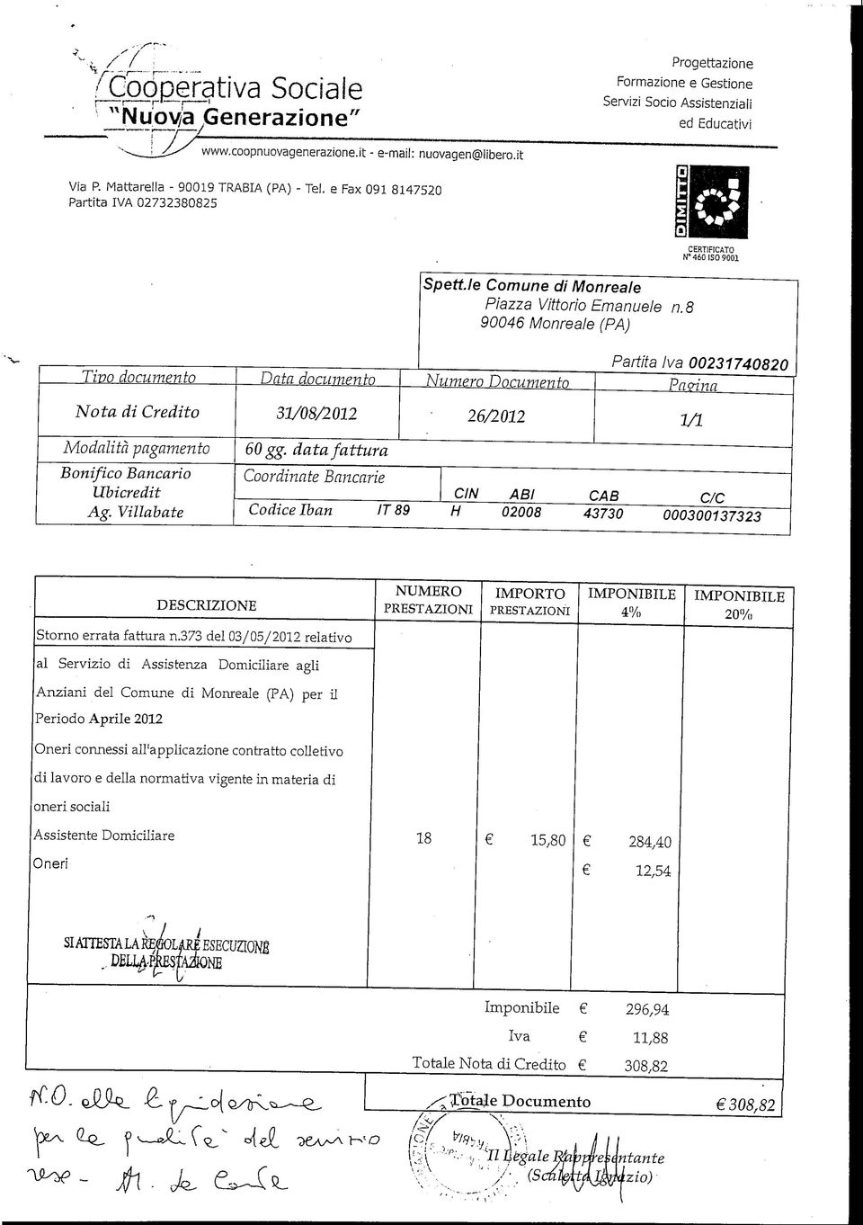 8 90046 Monreale (PA) Tivo documento Data documento Numero Documento Partita Iva 00231740820 Farina Nota di Credito 31/08/2012 26/2012 1/1 Modalità pagamento Bonifico Bancario Ubicredit Ag.