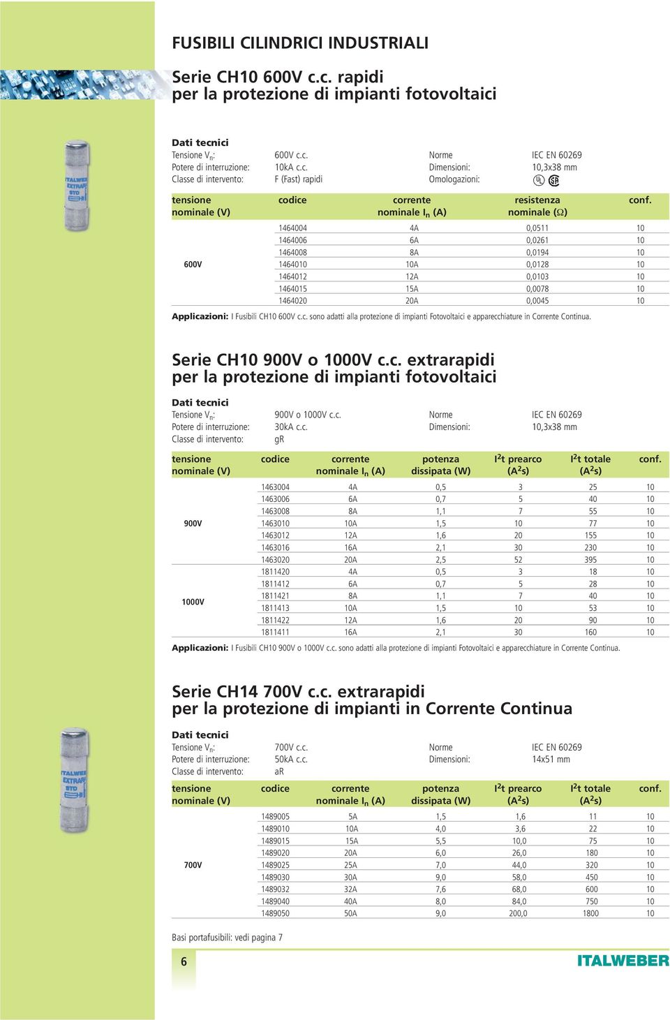 Applicazioni: I Fusibili CH10 600V c.c. sono adatti alla protezione di impianti Fotovoltaici e apparecchiature in Corrente Continua. Serie CH10 900V o 1000V c.c. extrarapidi per la protezione di impianti fotovoltaici Potere di interruzione: Classe di intervento: 900V o 1000V c.