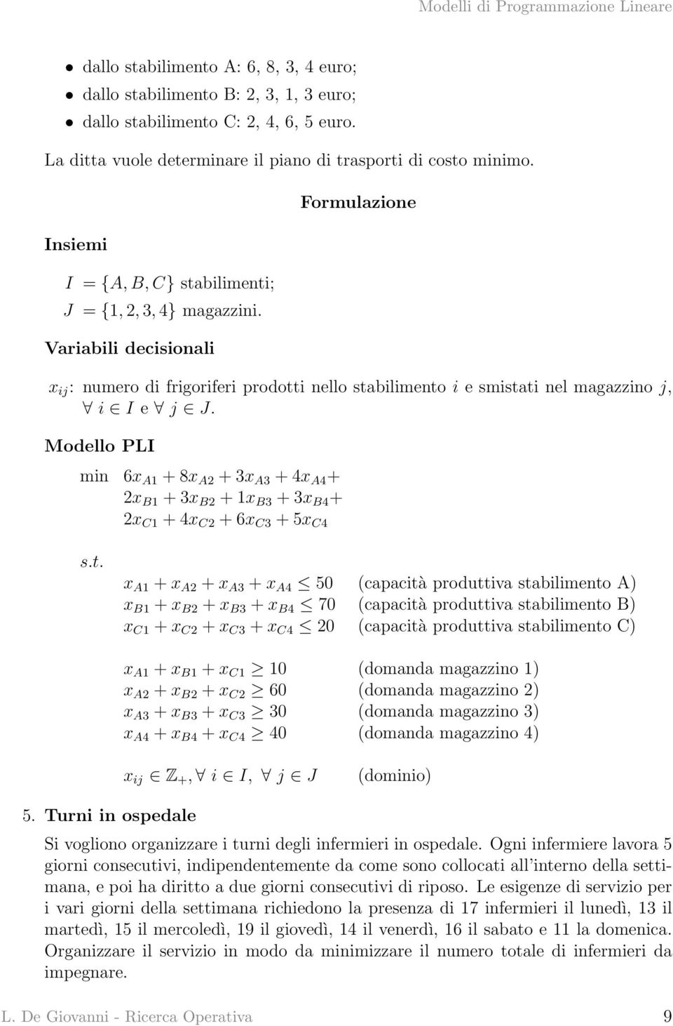 Modello PLI min 6x A1 + 8x A2 + 3x A3 + 4x A4 + 2x B1 + 3x B2 + 1x B3 + 3x B4 + 2x C1 + 4x C2 + 6x C3 + 5x C4 x A1 + x A2 + x A3 + x A4 50 (capacità produttiva stabilimento A) x B1 + x B2 + x B3 + x