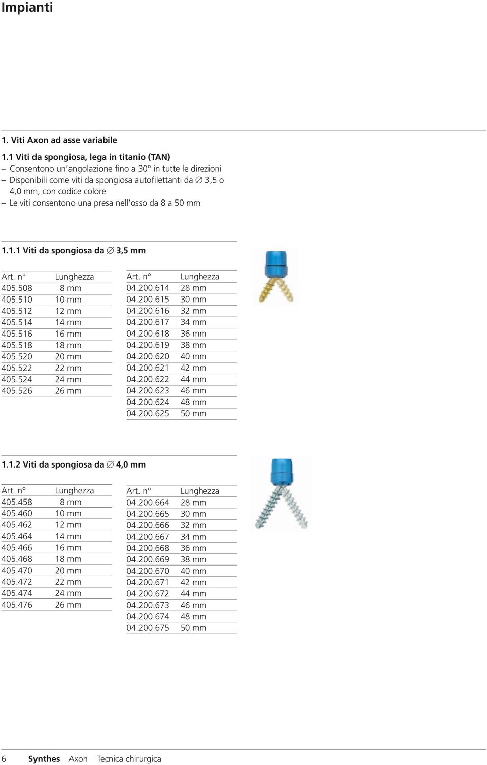 consentono una presa nell osso da 8 a 50 mm 1.1.1 Viti da spongiosa da 3,5 mm Art. n Lunghezza 405.508 8 mm 405.510 10 mm 405.512 12 mm 405.514 14 mm 405.516 16 mm 405.518 18 mm 405.520 20 mm 405.