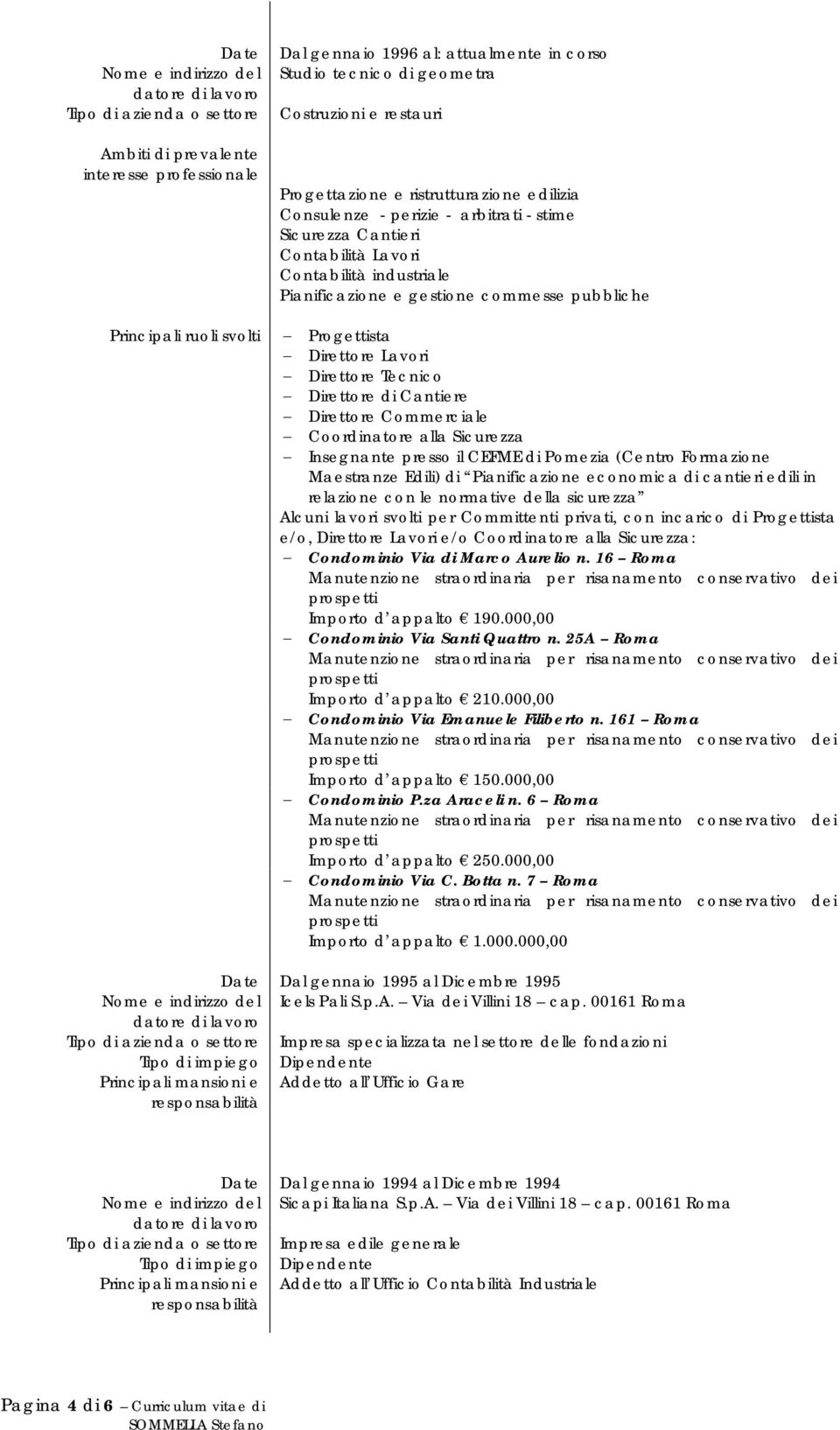 Progettista Direttore Lavori Direttore Tecnico Direttore Commerciale Coordinatore alla Sicurezza Insegnante presso il CEFME di Pomezia (Centro Formazione Maestranze Edili) di Pianificazione economica