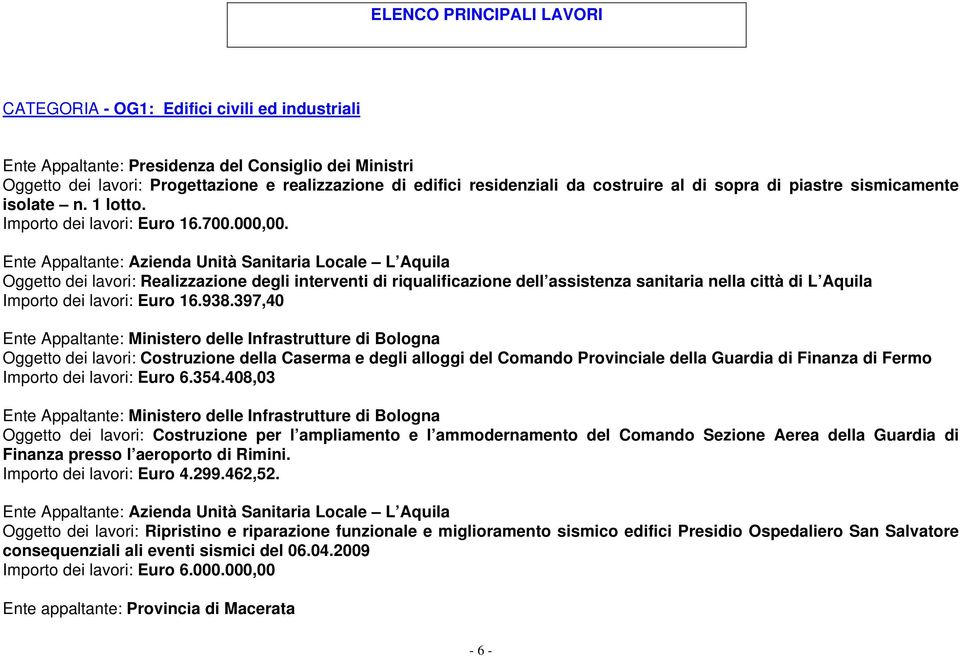 Ente Appaltante: Azienda Unità Sanitaria Locale L Aquila Oggetto dei lavori: Realizzazione degli interventi di riqualificazione dell assistenza sanitaria nella città di L Aquila Importo dei lavori: