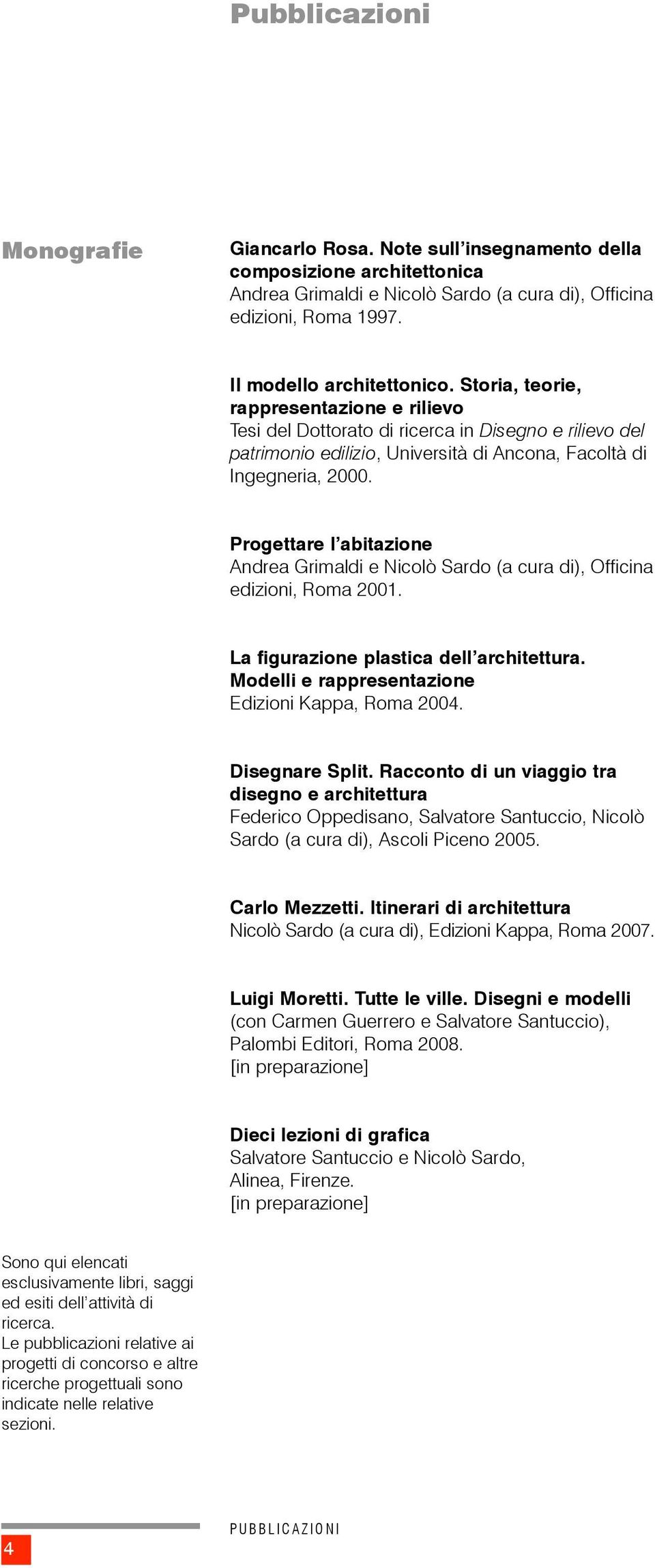 Progettare l abitazione Andrea Grimaldi e Nicolò Sardo (a cura di), Officina edizioni, Roma 2001. La figurazione plastica dell architettura. Modelli e rappresentazione Edizioni Kappa, Roma 2004.