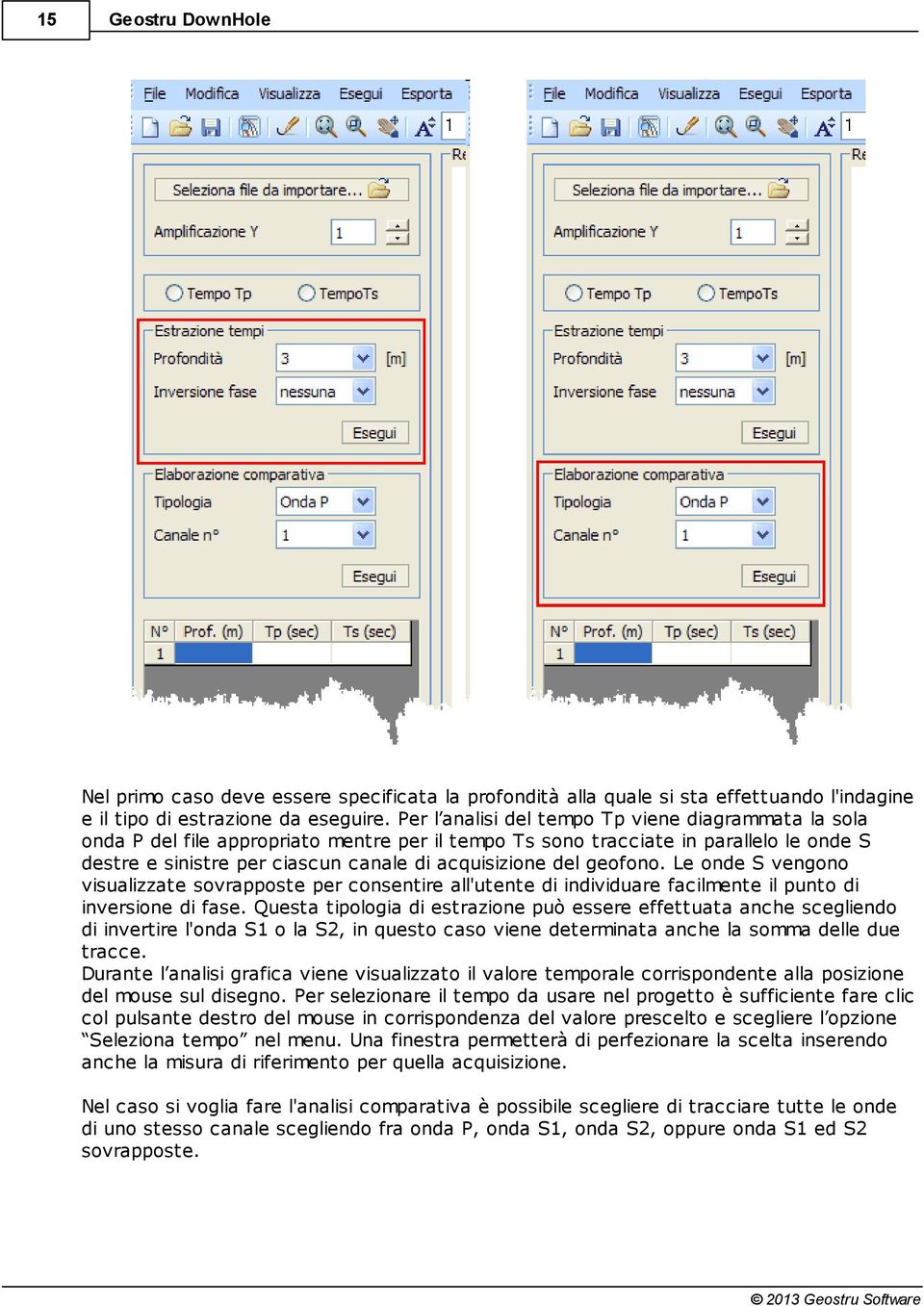 geofono. Le onde S vengono visualizzate sovrapposte per consentire all'utente di individuare facilmente il punto di inversione di fase.