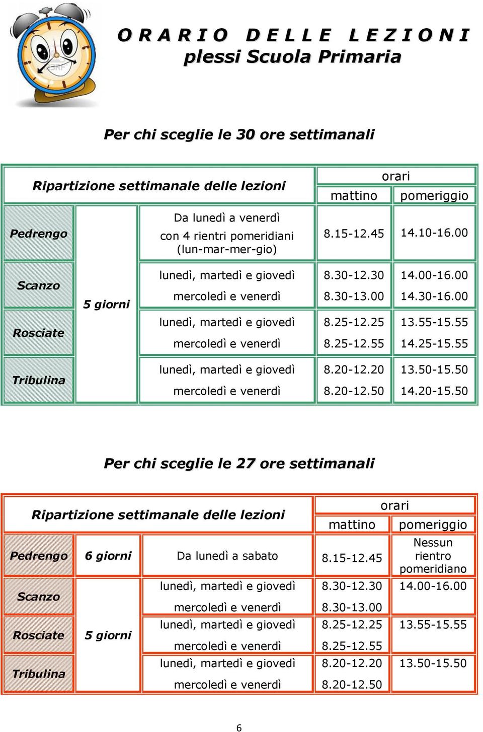 30-13.00 8.25-12.25 8.25-12.55 14.00-16.00 14.30-16.00 13.55-15.55 14.25-15.55 Tribulina lunedì, martedì e giovedì mercoledì e venerdì 8.20-12.20 8.20-12.50 13.50-15.50 14.20-15.