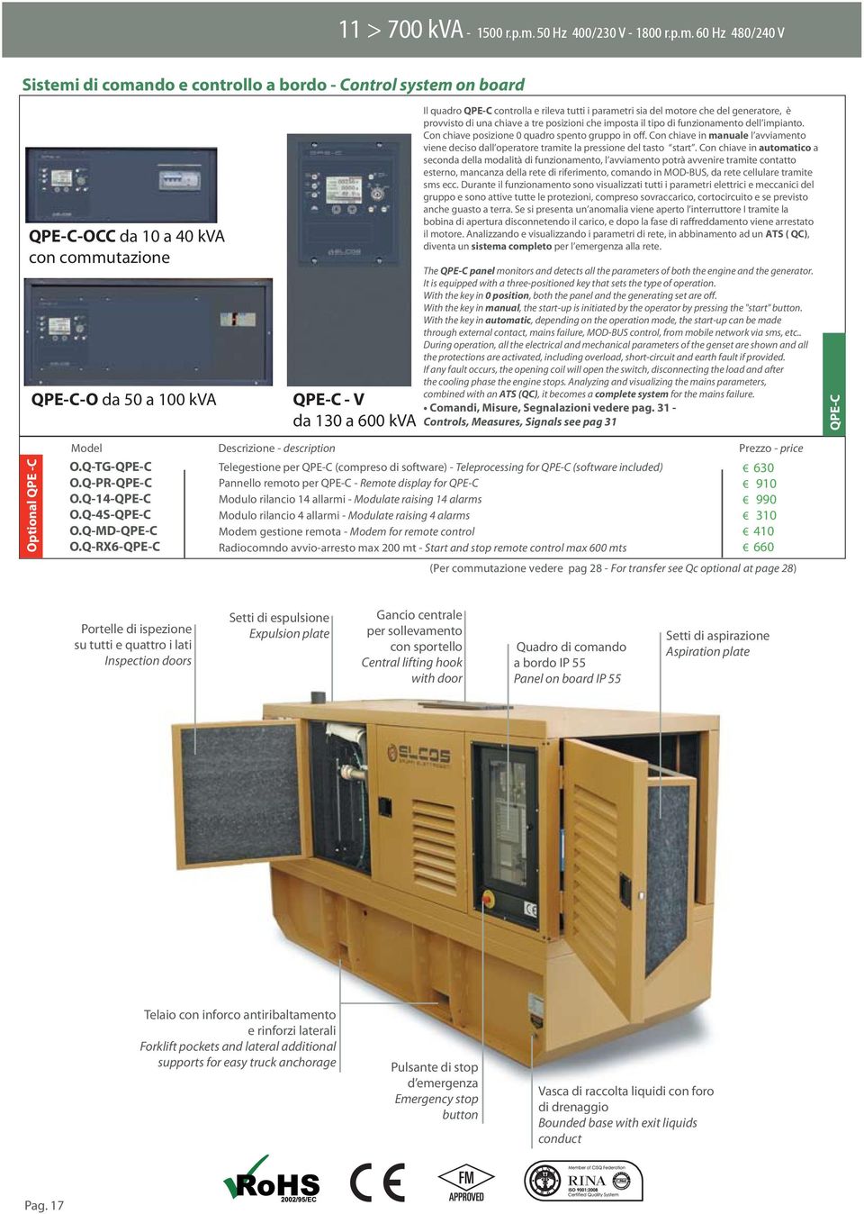 60 Hz 480/240 V Sistemi di comando e controllo a bordo Control system on board QPECOCC da 10 a 40 kva con commutazione QPECO da 50 a 100 kva QPEC V da 130 a 600 kva Il quadro QPEC controlla e rileva