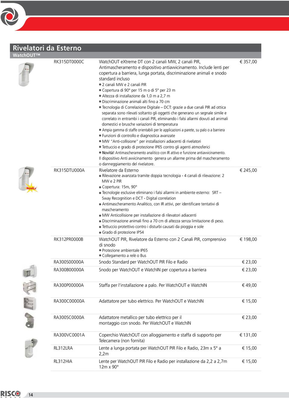 Include lenti per copertura a barriera, lunga portata, discriminazione animali e snodo standard incluso 2 canali MW e 2 canali PIR Copertura di 90 per 15 m o di 5 per 23 m WatchOUT extreme DT con 2