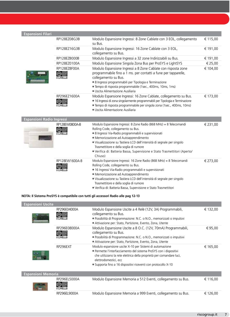 191,00 RP128EZ0100A Modulo Espansione Singola Zona Bus per ProSYS e LightSYS 25,00 RP128EZ8F00A Modulo Espansione Ingressi a 8 Zone Cablate con risposta zone 104,00 programmabile fino a 1 ms.