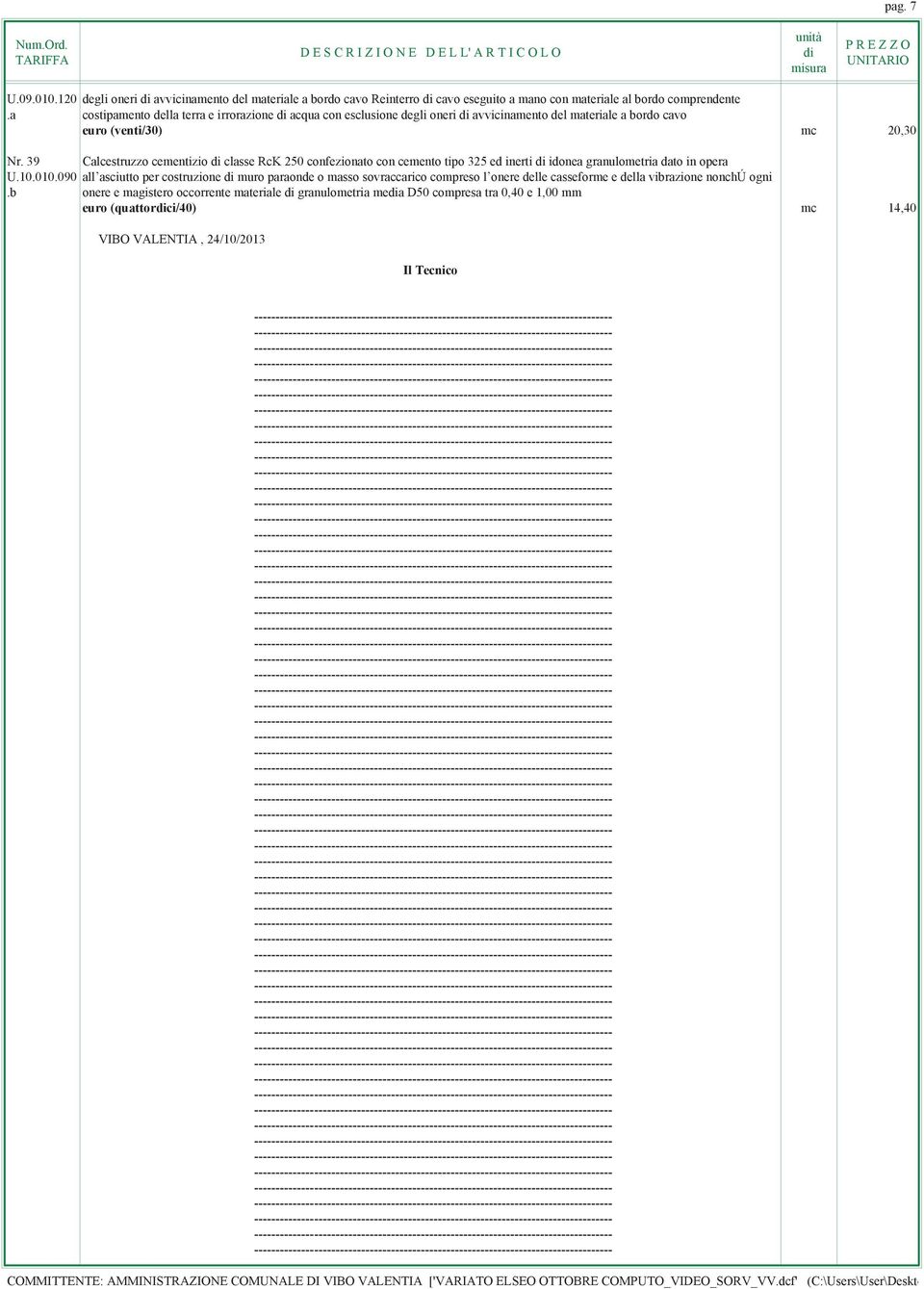 39 Calcestruzzo cementizio classe RcK 250 confezionato con cemento tipo 325 ed inerti idonea granulometria dato in opera U.10.010.