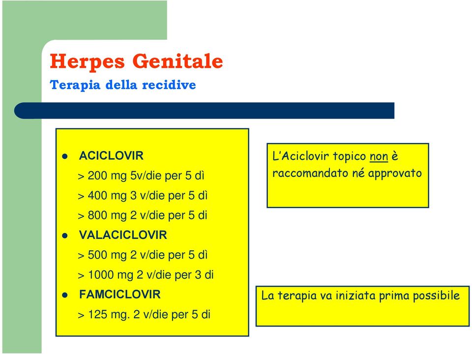 800 mg 2 v/die per 5 di VALACICLOVIR > 500 mg 2 v/die per 5 dì > 1000 mg 2