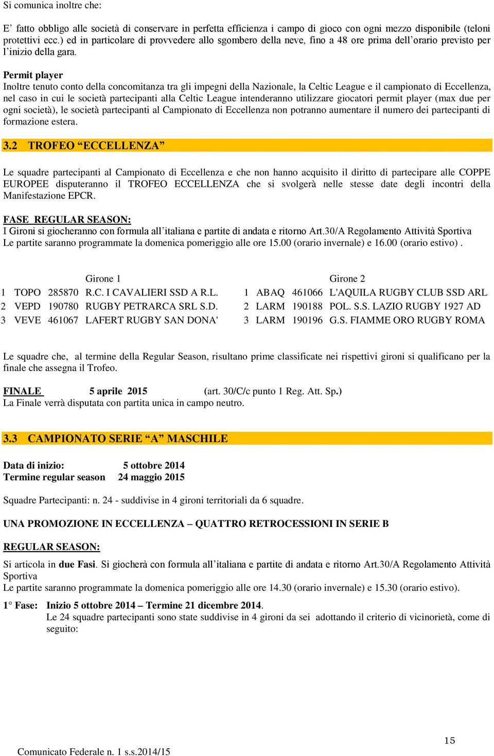 Permit player Inoltre tenuto conto della concomitanza tra gli impegni della Nazionale, la Celtic League e il campionato di Eccellenza, nel caso in cui le società partecipanti alla Celtic League