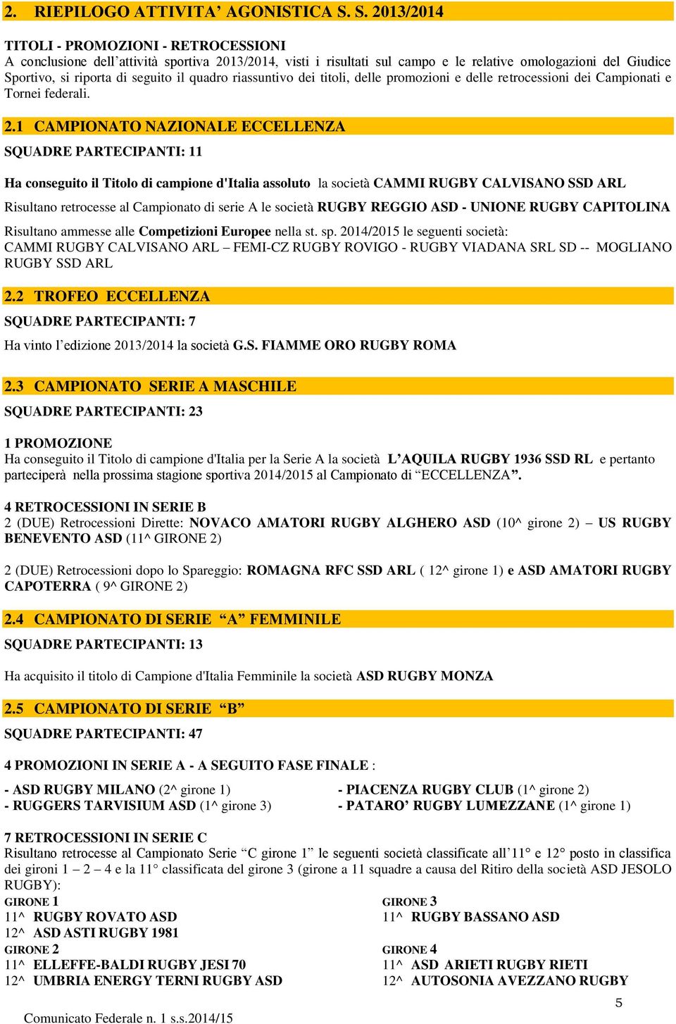 quadro riassuntivo dei titoli, delle promozioni e delle retrocessioni dei Campionati e Tornei federali. 2.