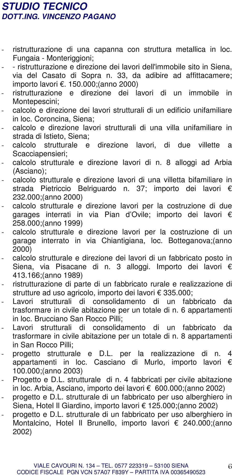 000;(anno 2000) - ristrutturazione e direzione dei lavori di un immobile in Montepescini; - calcolo e direzione dei lavori strutturali di un edificio unifamiliare in loc.