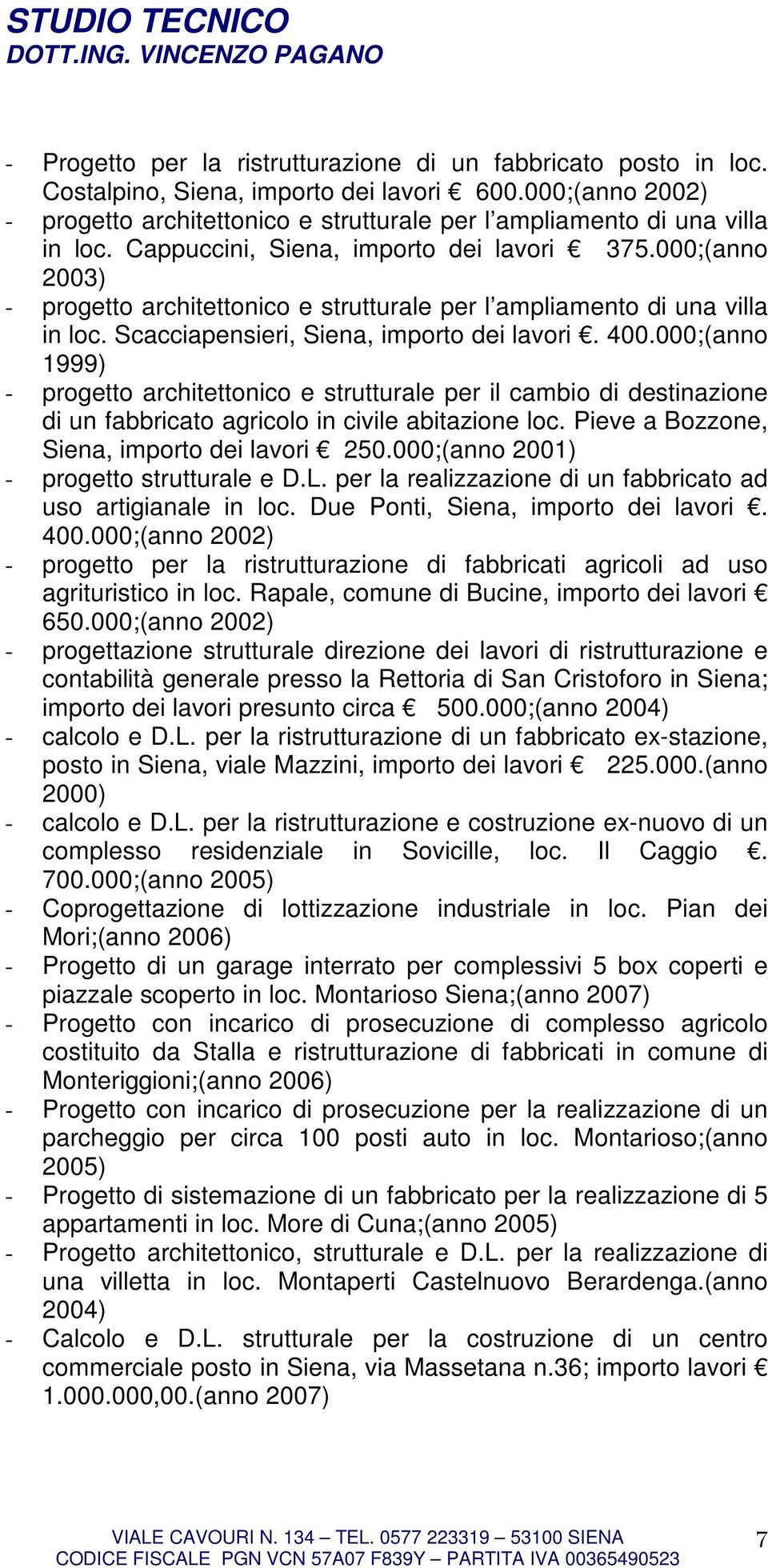 000;(anno 2003) - progetto architettonico e strutturale per l ampliamento di una villa in loc. Scacciapensieri, Siena, importo dei lavori. 400.