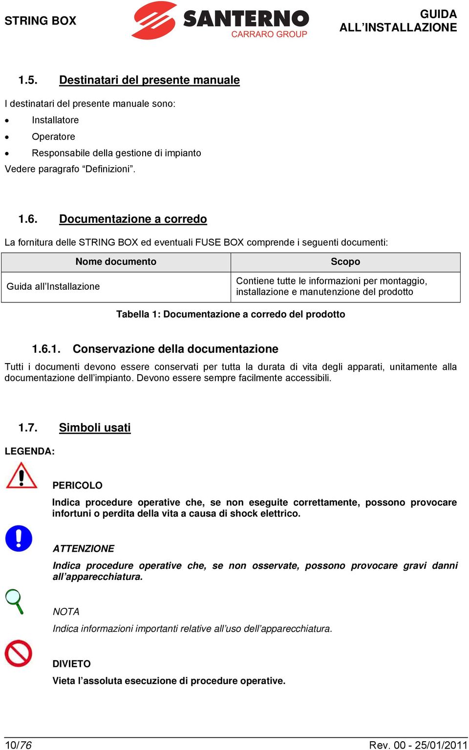 installazione e manutenzione del prodotto Tabella 1: