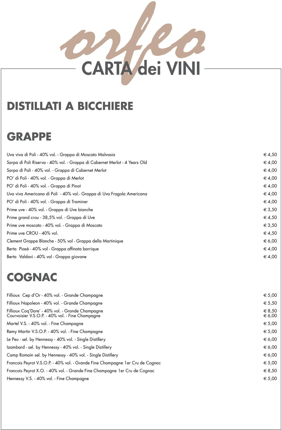 - Grappa di Uva Fragola Americana 4,00 PO di Poli - 40% vol. - Grappa di Traminer 4,00 Prime uve - 40% vol. - Grappa di Uve bianche 3,50 Prime grand crou - 38,5% vol.