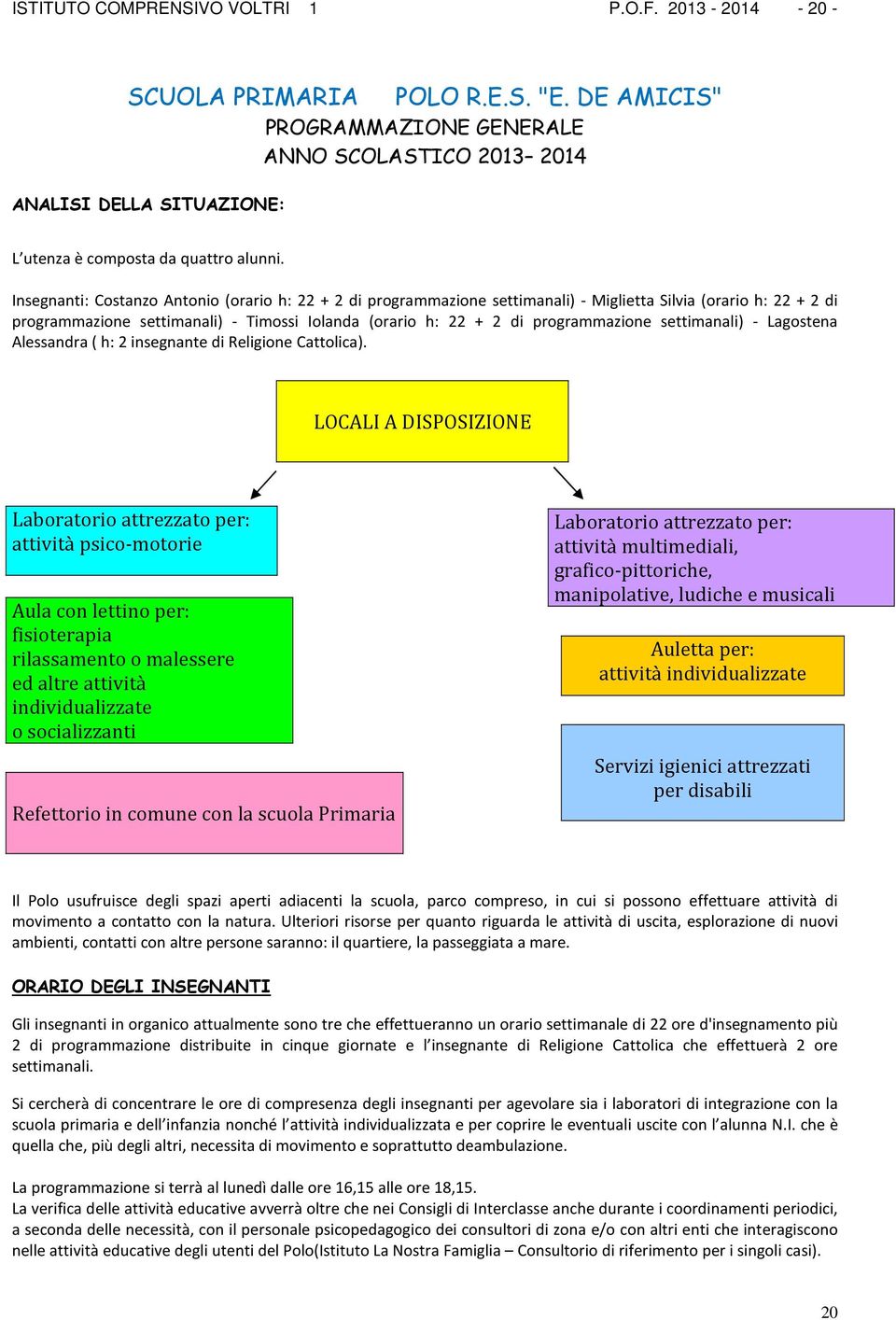 Insegnanti: Costanzo Antonio (orario h: 22 + 2 di programmazione settimanali) - Miglietta Silvia (orario h: 22 + 2 di programmazione settimanali) - Timossi Iolanda (orario h: 22 + 2 di programmazione