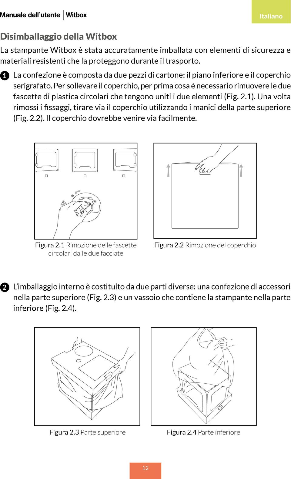 Per sollevare il coperchio, per prima cosa è necessario rimuovere le due fascette di plastica circolari che tengono uniti i due elementi (Fig. 2.1).