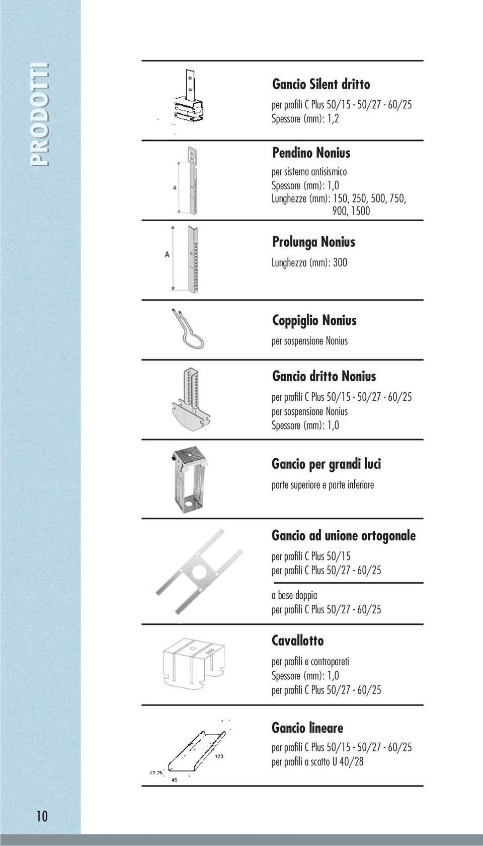 (mm): 1,0 Gancio per grandi luci parte superiore e parte inferiore Gancio ad unione ortogonale per profili C Plus 50/15 per profili C Plus 50/27-60/25 a base doppia per profili C