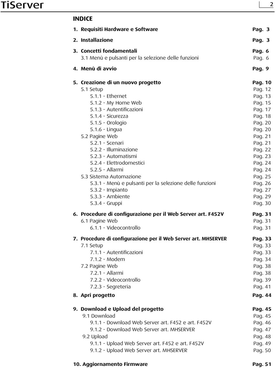 20 5.2 Pagine Web Pag. 21 5.2.1 - Scenari Pag. 21 5.2.2 - Illuminazione Pag. 22 5.2.3 - Automatismi Pag. 23 5.2.4 - Elettrodomestici Pag. 24 5.2.5 - Allarmi Pag. 24 5.3 Sistema Automazione Pag. 25 5.