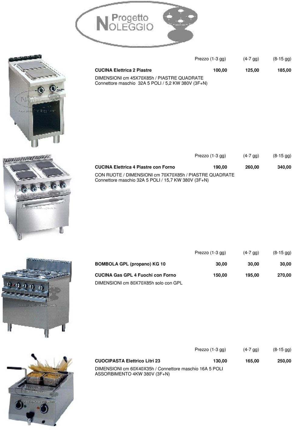 15,7 KW 380V (3F+N) BOMBOLA GPL (propano) KG 10 30,00 30,00 30,00 CUCINA Gas GPL 4 Fuochi con Forno 150,00 195,00 270,00 DIMENSIONI cm 80X70X85h