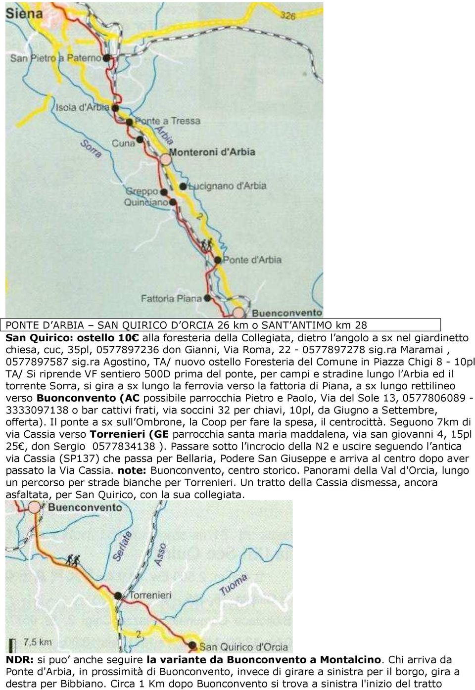 ra Agostino, TA/ nuovo ostello Foresteria del Comune in Piazza Chigi 8-10pl TA/ Si riprende VF sentiero 500D prima del ponte, per campi e stradine lungo l Arbia ed il torrente Sorra, si gira a sx