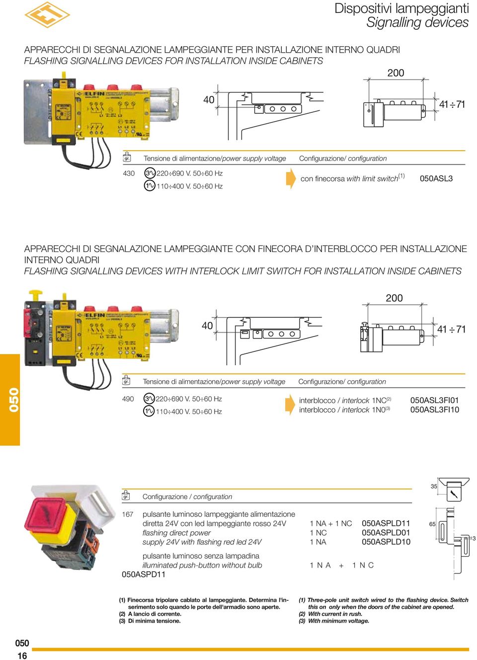 0 0 Hz Configurazione/ configuration con finecorsa with limit switch (1) ASL APPARECCHI DI SEGNALAZIONE LAMPEGGIANTE CON FINECORA D INTERBLOCCO PER INSTALLAZIONE INTERNO QUADRI FLASHING SIGNALLING