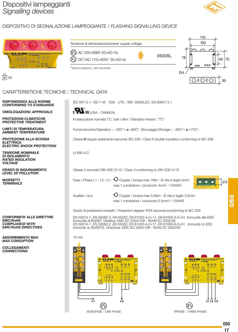 AMBIENT TEMPERATURE PROTEZIONE ALLA SCOSSA ELETTRICA ELECTRIC SHOCK PROTECTION TENSIONE NOMINALE DI ISOLAMENTO RATED INSULATION VOLTAGE GRADO DI INQUINAMENTO LEVEL OF POLLUTION MORSETTI TERMINALS IEC