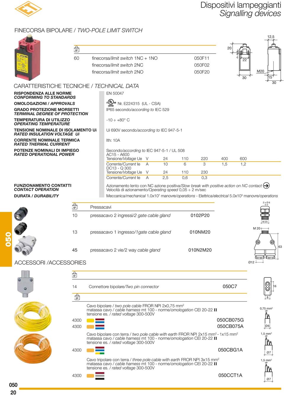 INSULATION VOLTAGE Ui CORRENTE NOMINALE TERMICA RATED THERMAL CURRENT POTENZE NOMINALI DI IMPIEGO RATED OPERATIONAL POWER FUNZIONAMENTO CONTATTI CONTACT OPERATION DURATA / DURABILITY Pressacavi EN