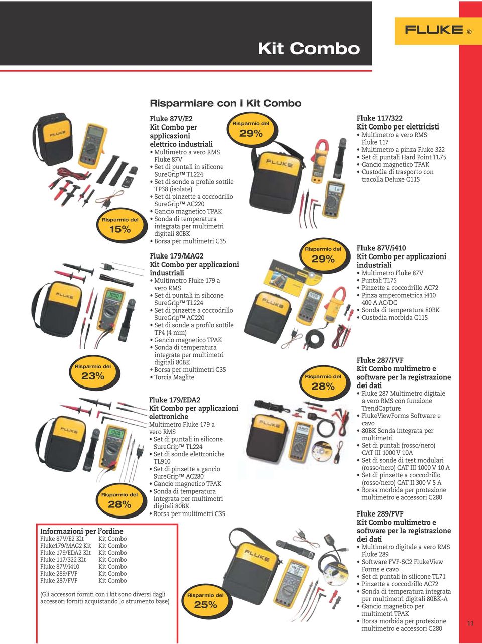 strumento base) Fluke 87V/E2 Risparmio del Kit Combo per applicazioni 29% elettrico industriali Multimetro a vero RMS Fluke 87V Set di puntali in silicone SureGrip TL224 Set di sonde a profilo