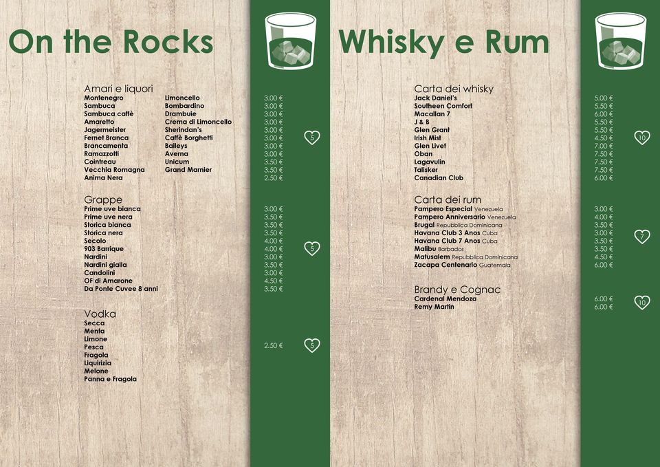 50 Carta dei whisky Jack Daniel s Southeen Comfort Macallan 7 J & B Glen Grant Irish Mist Glen Livet Oban Lagavulin Talisker Canadian Club 7.50 7.