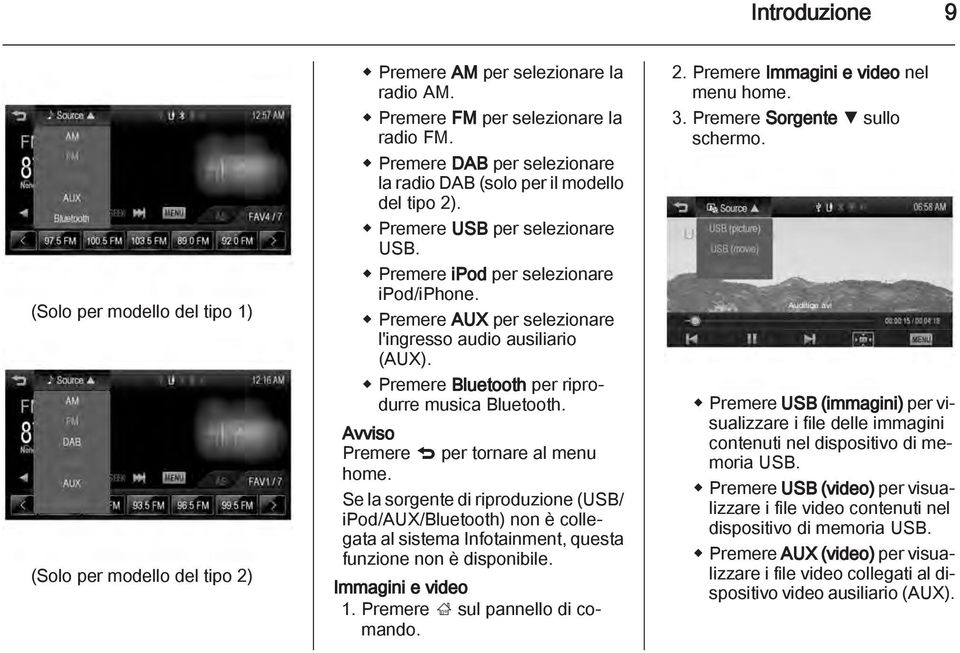 Premere AUX per selezionare l'ingresso audio ausiliario (AUX). Premere Bluetooth per riprodurre musica Bluetooth. Avviso Premere q per tornare al menu home.