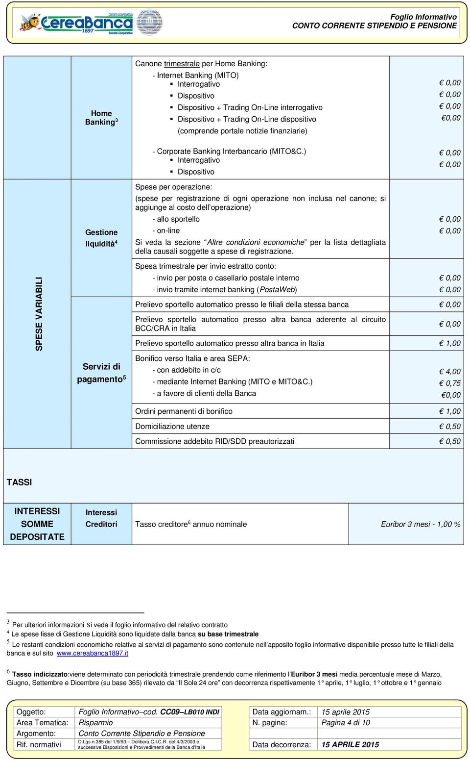 ) Interrogativo Dispositivo Spese per operazione: (spese per registrazione di ogni operazione non inclusa nel canone; si aggiunge al costo dell operazione) - allo sportello - on-line Si veda la