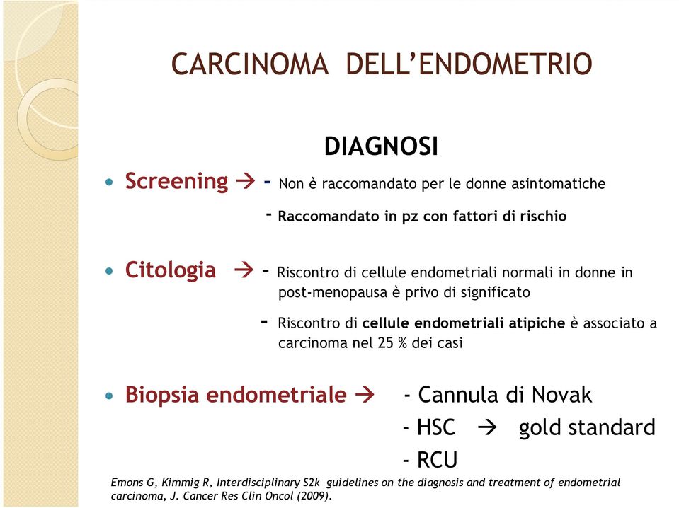 atipiche è associato a carcinoma nel 25 % dei casi Biopsia endometriale - Cannula di Novak - HSC gold standard - RCU Emons G,