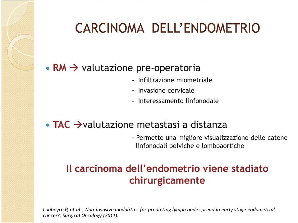 pelviche e lomboaortiche Il carcinoma dell endometrio viene stadiato chirurgicamente Loubeyre P, et al.